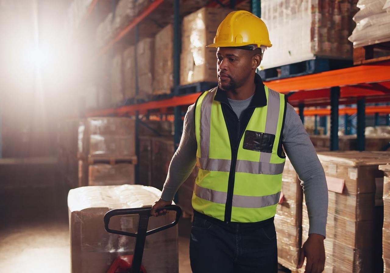 A dropshipping storage facility worker is moving delivery boxes.